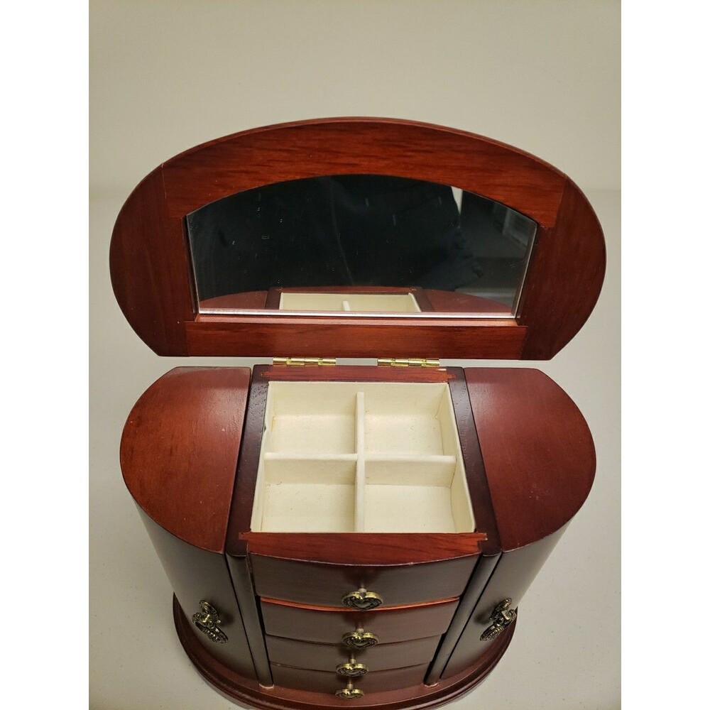 Vintage Mele & Co Wood Jewelry Box Mahogany Double Sided Drawers 9"Hx10L wMirror - Picture 2 of 16